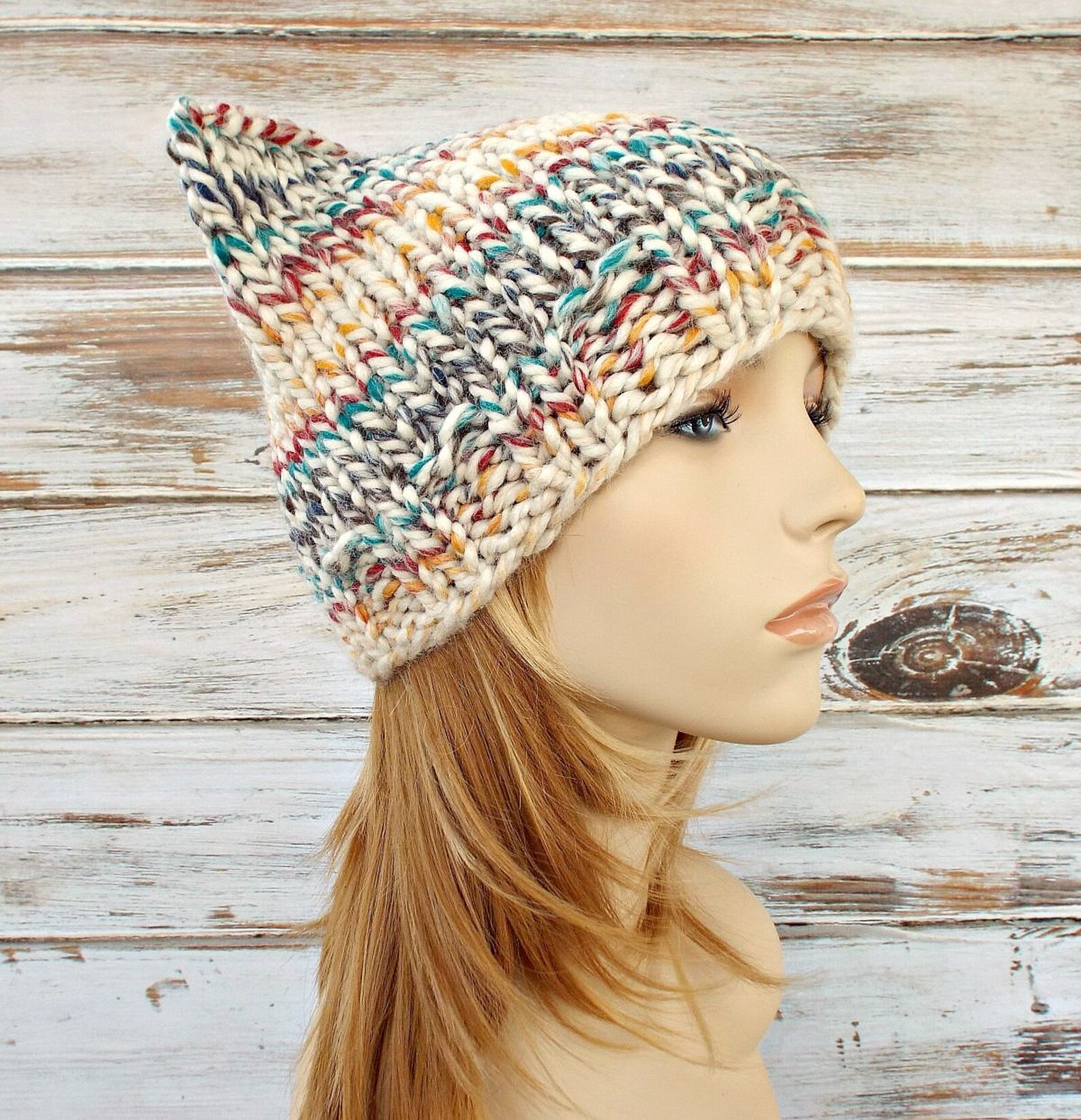Cream Knit Hat Cream Womens Hat Multicolor Cat Beanie Hat Etsy