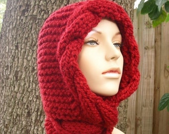 Chunky Knit Hood, Hooded Scarf, Knit Hat, Knit Scarf, Womens Hat, Womens Scarf, Cable Scarf, Cable Knit Hood, Winter Hat, Cranberry