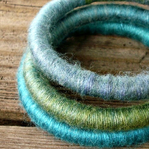 Reduced 50% Off - Bangle Bracelets - Yarn Bracelets - Yarn Wrapped Fibre Bracelets in Beach Glass Aqua Blue Green - READY TO SHIP -