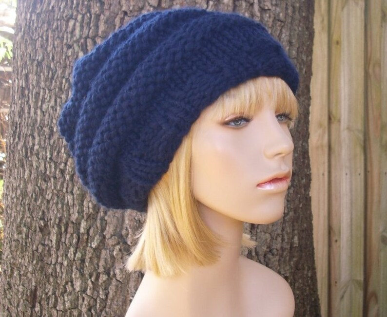 Chunky Knit Hat, Womens Hat, Mens Hat, Winter Hat, Knit Beret, Knit Beanie, Knit Cap, Slouchy Beanie, Oversized Beehive Beret, Navy Blue image 3