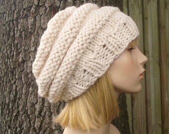 Chunky Knit Hat, Womens Hat, Mens Hat, Winter Hat, Knit Beret, Knit Cap, Knit Beanie, Slouchy Beanie, Knit Cap, Bullseye Beret, Cream