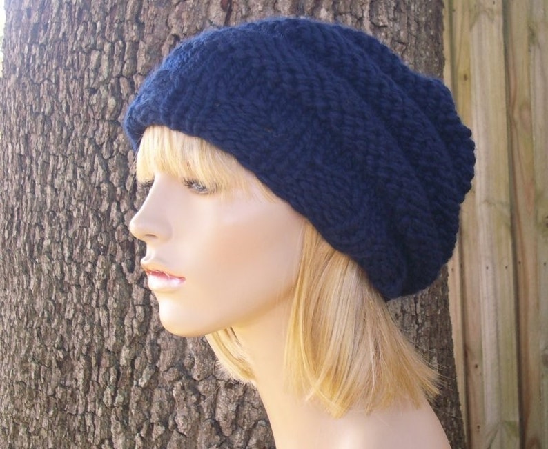 Chunky Knit Hat, Womens Hat, Mens Hat, Winter Hat, Knit Beret, Knit Beanie, Knit Cap, Slouchy Beanie, Oversized Beehive Beret, Navy Blue image 4