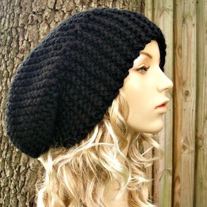 Black Hat, Black Beanie, Chunky Knit Oversized Slouchy Beanie, Hand Knitted Winter Hat for Women, Men and Teens