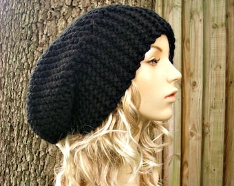 Black Hat, Black Beanie, Chunky Knit Oversized Slouchy Beanie, Hand Knitted Winter Hat for Women, Men and Teens