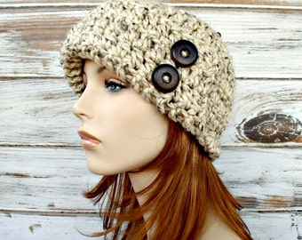 Chunky Crochet Hat, Womens Hat, Winter Hat, Womens Cloche Hat, 1920s Flapper Hat, Garbo Cloche Beanie, Crochet Beanie, Crochet Cap, Oatmeal