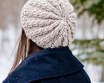 Chunky Knit Hat, Womens Hat, Mens Hat, Slouchy Hat, Slouchy Beanie, Cable Beret Hat, Knit Beret, Mushroom