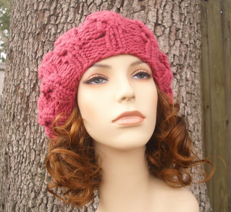 Raspberry Beret Cable Knit Hat Womens Hat Winter Hat | Etsy