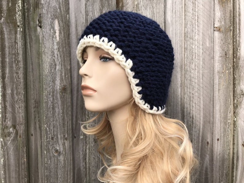 Winter Hat Womens Hat Ear Flap Hat Knit Beanie Navy Blue Mens Hat Chunky Knit Hat Garter Helmet Knit Cap