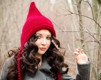 Adult Pixie Hat, Elf Hat, Chunky Knit Hat, Womens Hat, Winter Hat, Winter Accessories, Pixie Hood, Cranberry Red