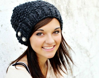 Chunky Knit Beret for Women, Chunky Knit Hat, Womens Hat, Mens Hat, Winter Hat, Knit Beanie, Knit Cap, Slouchy Beanie, Seed Beret, Charcoal