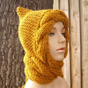 Hooded Scarf, Knit Scarf Hat, Chunky Knit Hat, Womens Scarf, Mens Scarf, Winter Scarf, Cable Scarf Hat, Mustard Yellow