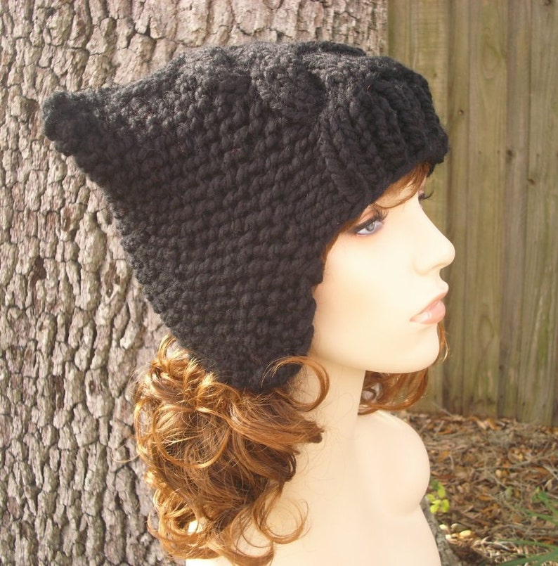 Hand Knit Trapper Hat, Chunky Knit Hat, Womens Hat, Mens Hat, Winter Hat, Cable Knit Hat, Earflap Hat, Knit Beanie, Knit Cap, Black image 3