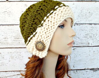 Chunky Knit Hat, Womens Hat, Winter Hat, Knit Cloche, Knit Beanie, Knit Cap, Hybrid Swirl Cloche Hat, Cream and Cilantro