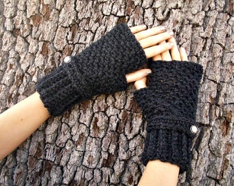 Crocheted Fingerless Gloves Mittens - Fingerless Gloves in Charcoal Heather Dark Grey Gloves - Grey Gloved Grey Mittens