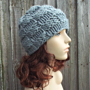 Chunky Knit Hat, Womens Hat, Mens Hat, Winter Hat, Knit Cap, Fitted Beanie, Basket Weave Knit Beanie, Slate Grey image 4
