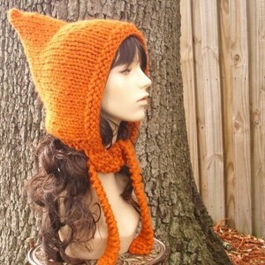 Witch Hat, Pixie Hat, Elf Hat, Chunky Knit Hat, Womens Hat, Mens Hat, Winter Hat, Fall Fashion, Pixie Hood, Pumpkin Orange image 2