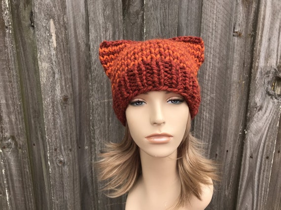 Adult Brown Chunky Knit Cat Ear Beanie Women Striped Beanie Hat with Little Devil Horn Winter Warm  main image 4