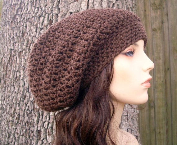 Chocolate Brown Slouchy Beanie, Crochet Hat, Womens Hat  display picture 3