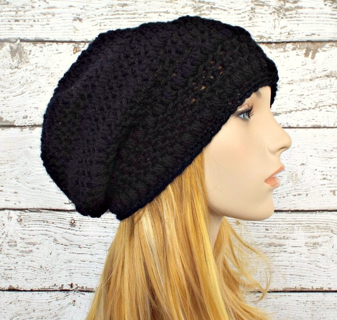 帽子 PERVERZE Crochet Knit Hat / Black Crochet Hat, Womens Hat, Mens Hat, Winter Hat, Boho Hat, Crochet