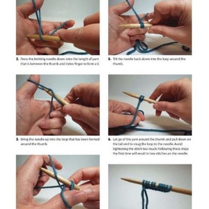 May include: A step-by-step guide on how to knit using a knitting needle and yarn. The images show the process of creating a knit stitch, starting with the yarn wrapped around the thumb and ending with the stitch on the needle.