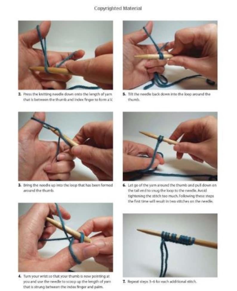 May include: A step-by-step guide on how to knit using a knitting needle and yarn. The images show the process of creating a knit stitch, starting with the yarn wrapped around the thumb and ending with the stitch on the needle.