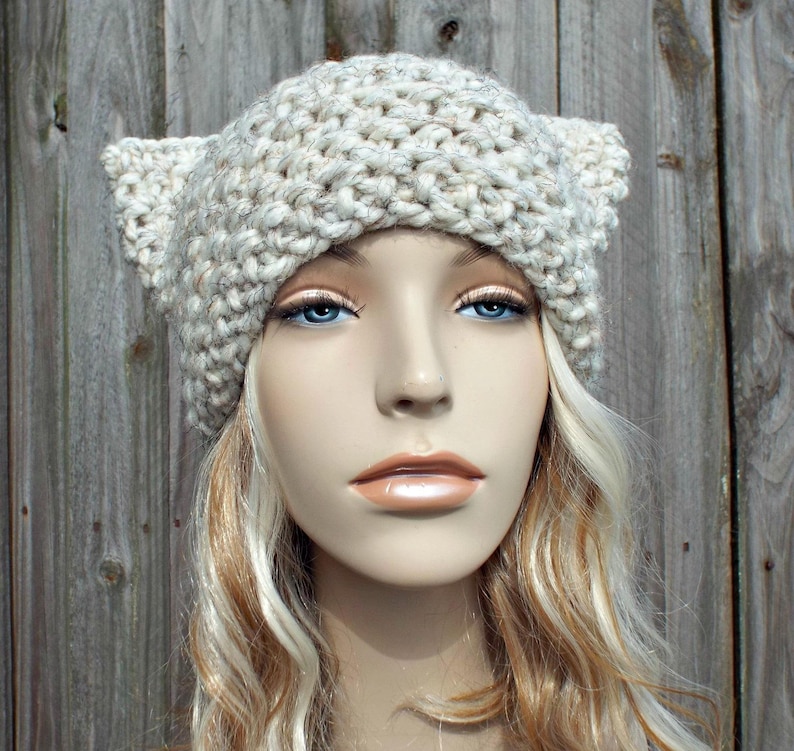 Cream Cat Hat Thermal Crochet Womens Winter Beanie in Cream Tweed Wheat Pussyhat Pussy Hat