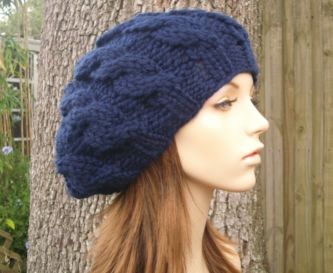 Navy Blue Cable Beret Navy Blue Knit Hat Blue Womens Hat Etsy