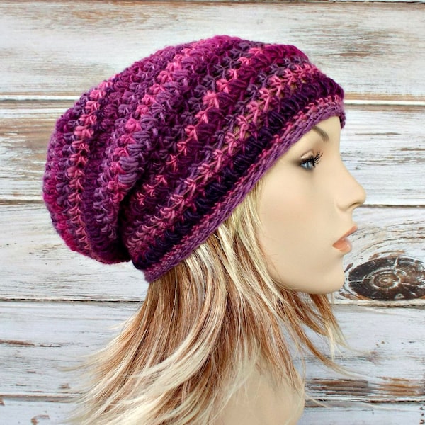 Slouchy Crochet Hat, Womens Hat, Spring Hat, Crochet Beanie, Crochet Cap, Slouchy Hat, Penelope Slouchy Beanie, Petunia Pink Purple