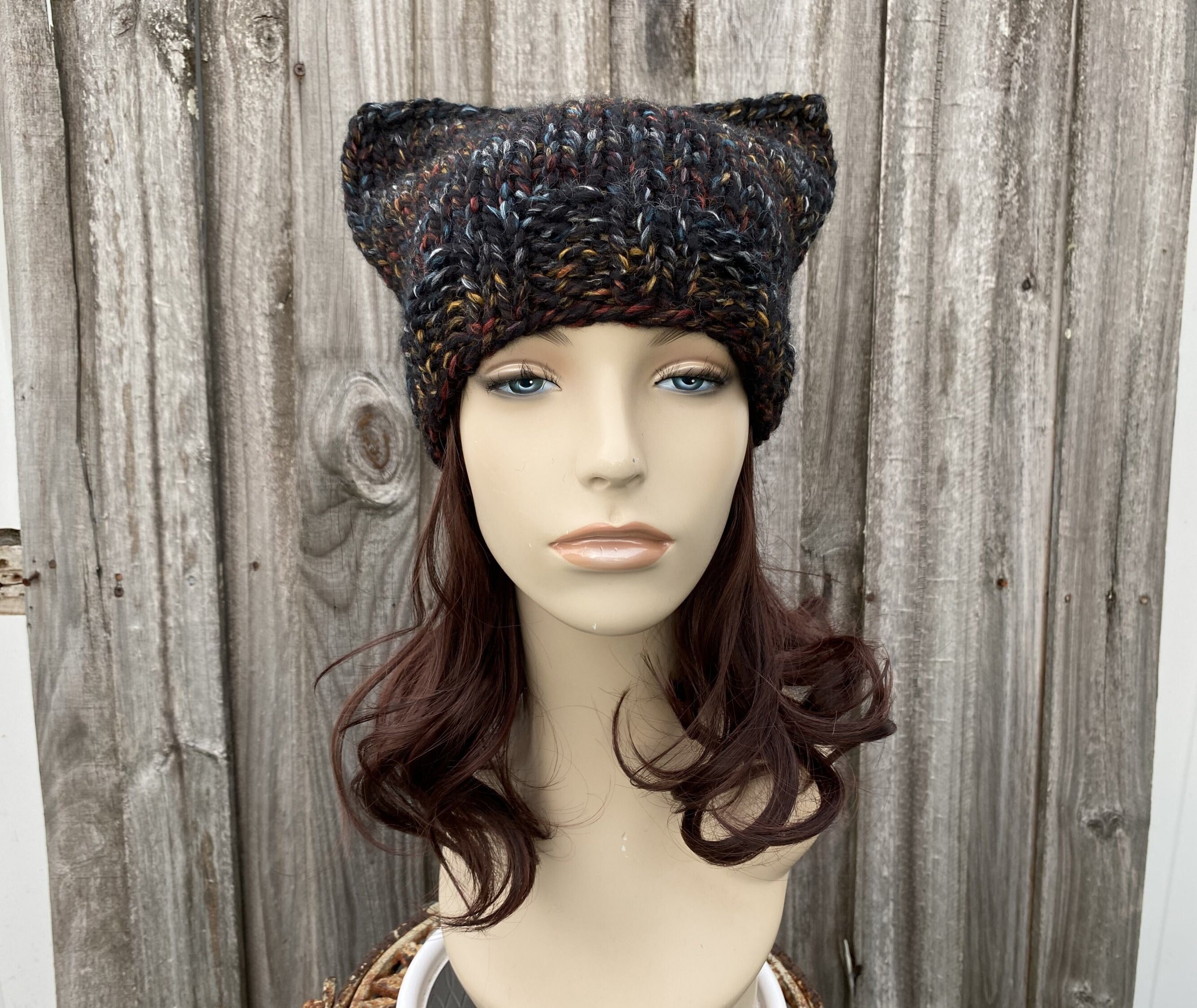 Black Rainbow Cat Hat, Chunky Knit Hat, Mens Hat, Womens Hat