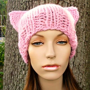 Chunky Knit Hat, Womens Hat, Mens Hat, Winter Hat, Knit Beanie, Knit Cap, Pink Cat Hat, Pink Cat Beanie, Blossom Pink