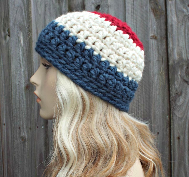 Warm Winter Hat Red White and Blue Beanie Patriotic Hat Crochet Womens Hat Mens Hat READY TO SHIP