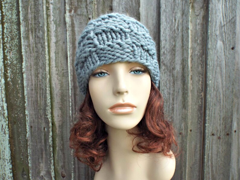 Chunky Knit Hat, Womens Hat, Mens Hat, Winter Hat, Knit Cap, Fitted Beanie, Basket Weave Knit Beanie, Slate Grey image 5