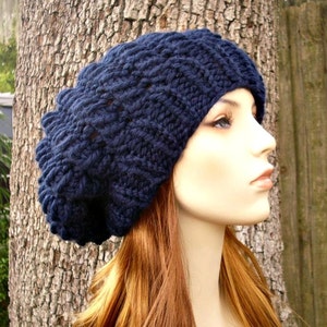 Chunky Knit Hat, Womens Hat, Mens Hat, Winter Hat, Knit Beanie, Knit Cap, Slouchy Beanie, Cyclone Slouchy Hat, Navy Blue
