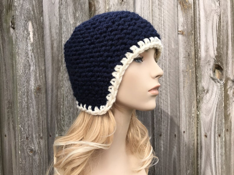 Winter Hat Womens Hat Ear Flap Hat Knit Beanie Navy Blue Mens Hat Chunky Knit Hat Garter Helmet Knit Cap