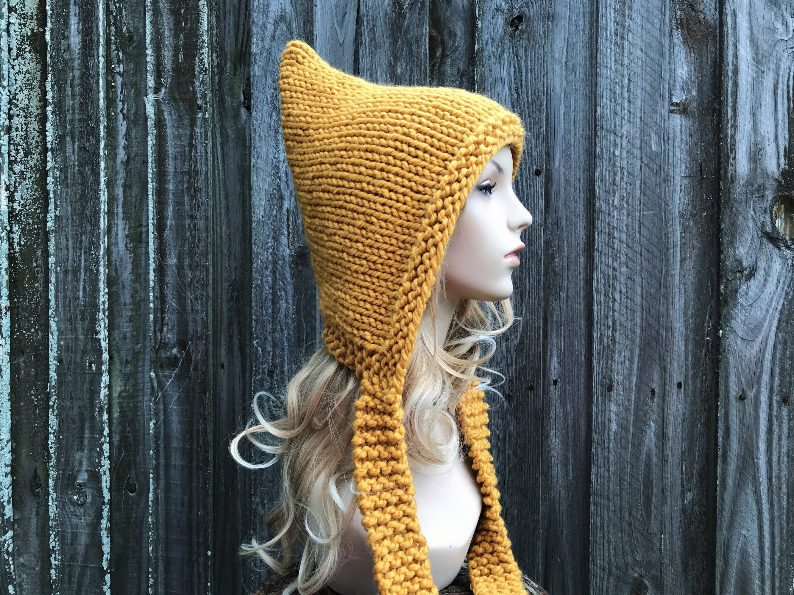 Hand Knit Witch Hat, Pixie Hood, Elf Hood, Chunky Knit Hat