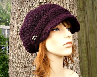 Newsboy Hat, Chunky Crochet Hat, Womens Hat, Mens Hat, Winter Hat, Crochet Cap, Slouchy Beanie, Newsboy Cap, Eggplant Purple