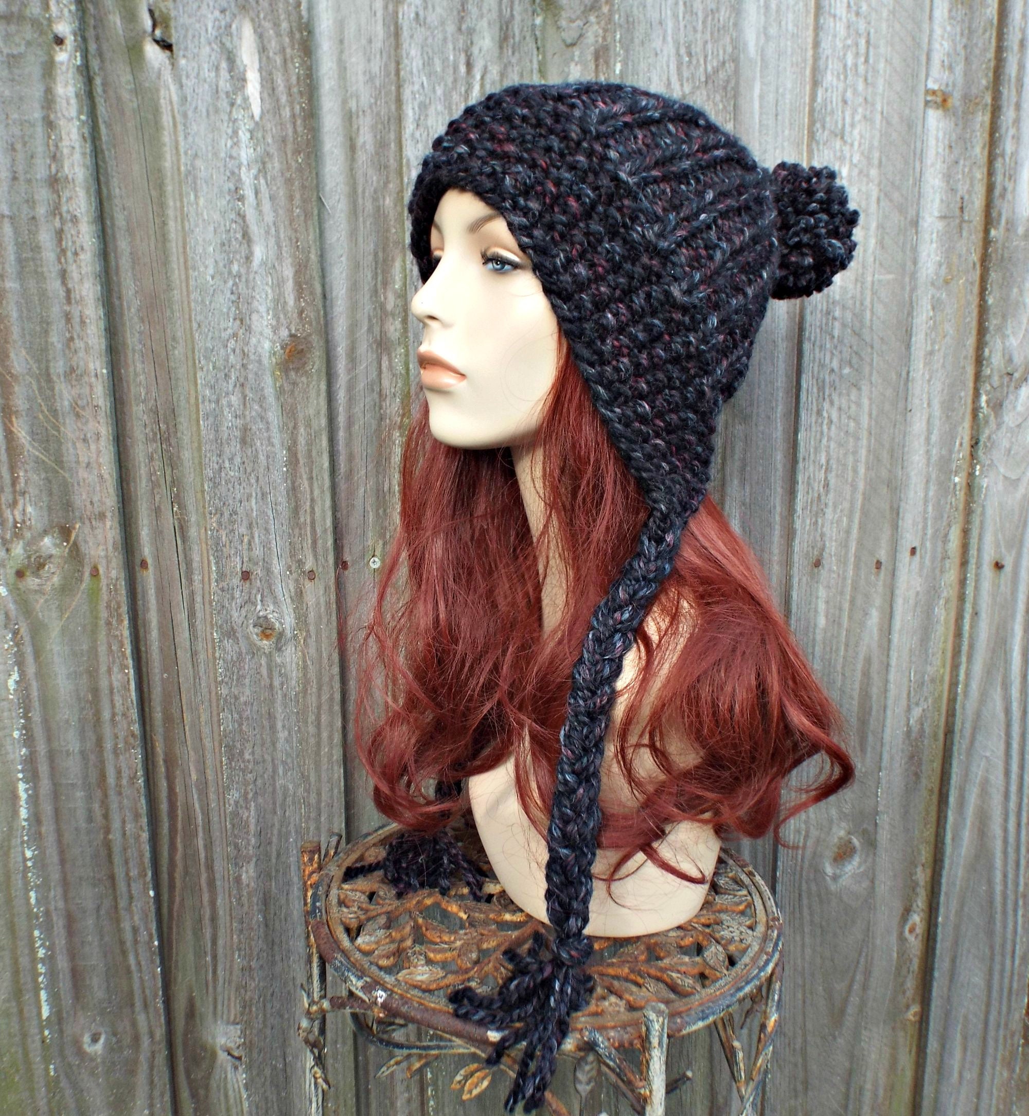 Earflap Beanie, Hand Knit Beanie With Pom Pom, Chunky Knit Hat, Womens Hat, Mens Hat, Winter Hat, Knit Cap, Slouchy Beanie, Blackstone - Etsy Earflap Beanie, Hand Knit Beanie With Pom Pom, Chunky Knit Hat, Womens Hat, Mens Hat, Winter Hat, Knit Cap, Slouchy Beanie, Blackstone - Etsy