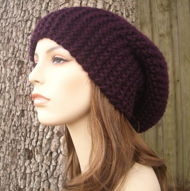 Slouchy Winter Hats, Chunky Knit Hat, Womens Hats, Mens Hats, Knit Beanie, Knit Cap, Slouchy Beanie, Oversized Hat, Eggplant Purple image 3