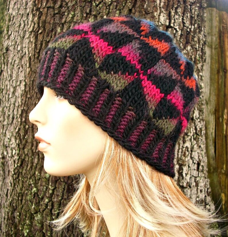 READY TO SHIP Rainbow Hat Womens Hat Mens Hat Black Hat Kaleidoscope Beanie in Black and Brights Knit Hat Womens Accessories
