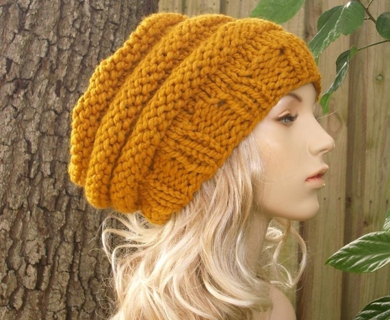 Handmade Knitted Mustard Beret hat with Decorative Brooch. New Mustard Plaid Lightweight Knit Beret With Handmade Flower  main image 2