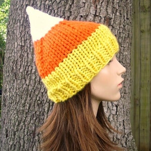 Candy Corn Hat, Halloween Costume, Chunky Knit Hat, Womens Hat, Mens Hat, Knit Beanie, Knit Cap