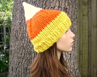 Candy Corn Hat, Halloween Costume, Chunky Knit Hat, Womens Hat, Mens Hat, Knit Beanie, Knit Cap