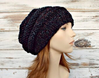 Hand Knit Beret, Chunky Knit Hat, Womens Hat, Mens Hat, Winter Hat, Knit Cap, Slouchy Beanie, Oversized Hat, Beehive Beret, Blackstone Black