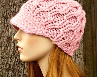 Handgestrickte Beanie mit Krempe, Grobstrickmütze, Damenmütze, Herrenmütze, Wintermütze, Strickmütze, Newsboy-Mütze, Amsterdam Cable Beanie, Blossom Pink