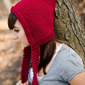 Red Pixie Hat, Chunky Knit Hat, Womens Hat, Mens Hat, Winter Hat, Ear Flap Hat, Adult Pixie Hat, Pixie Hood, Knit Hood, Cranberry image 3