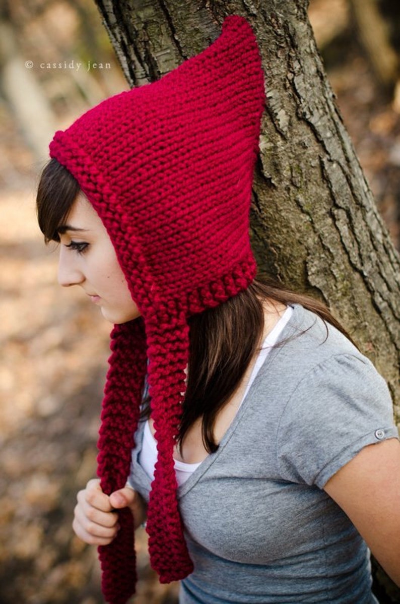 Red Pixie Hat, Chunky Knit Hat, Womens Hat, Mens Hat, Winter Hat, Ear Flap Hat, Adult Pixie Hat, Pixie Hood, Knit Hood, Cranberry image 3