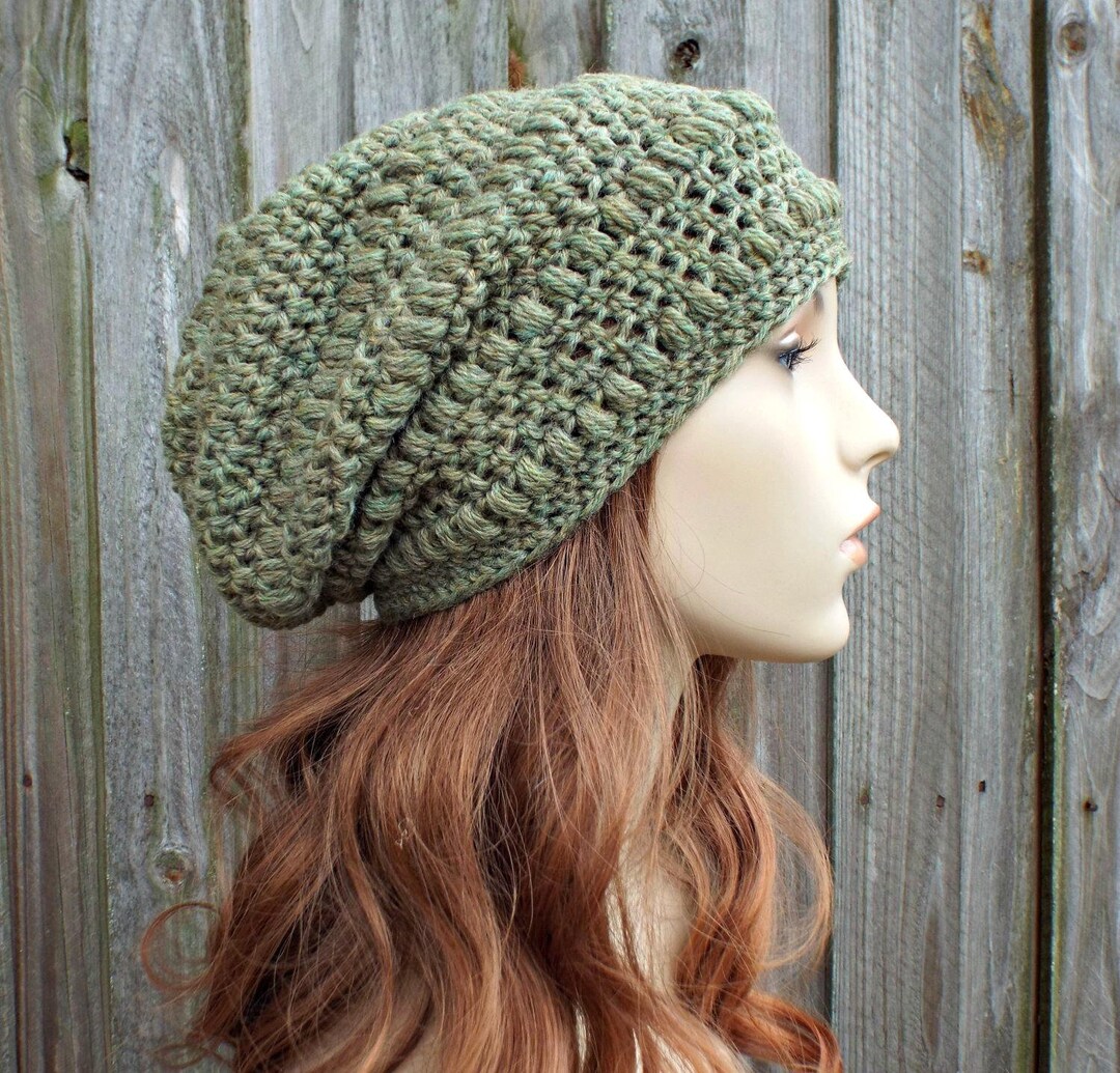 Women\'s Crochet Knitted Style Beanie Slouchy Hat Olive Leaf Green Crochet Hat, Womens Slouchy Beanie, Slouchy Hat  main image 3