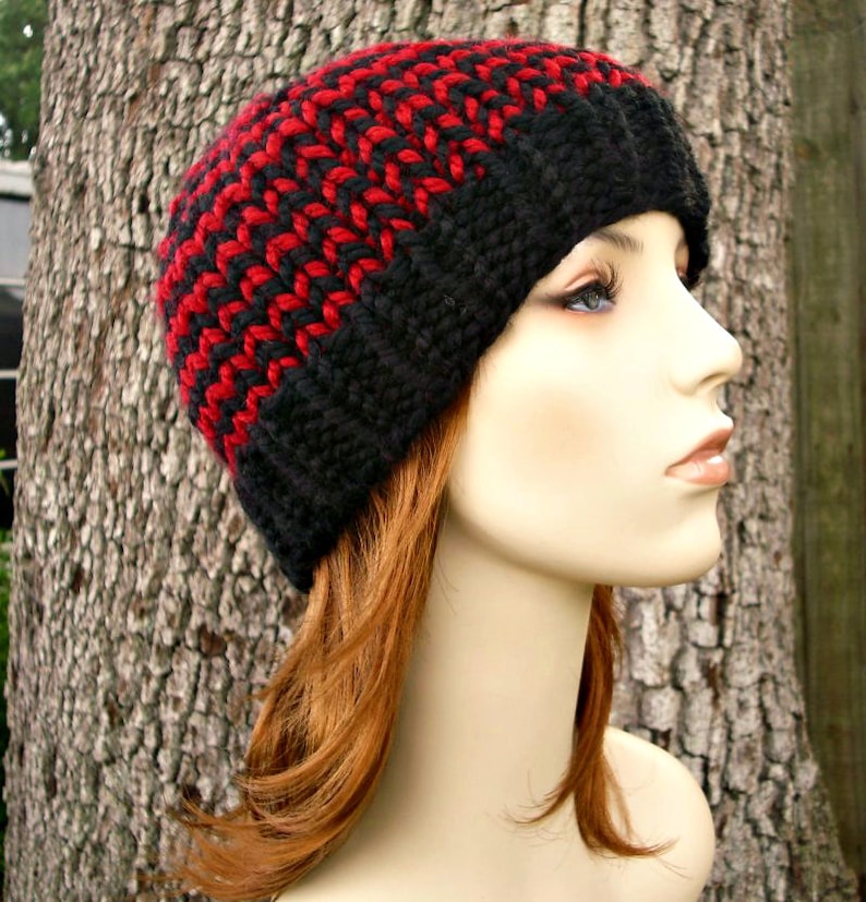 Toque Beanie Hat in Black and Red Knit Hat Womens Accessories Winter Hat Knit Hat Womens Hat Mens Hat