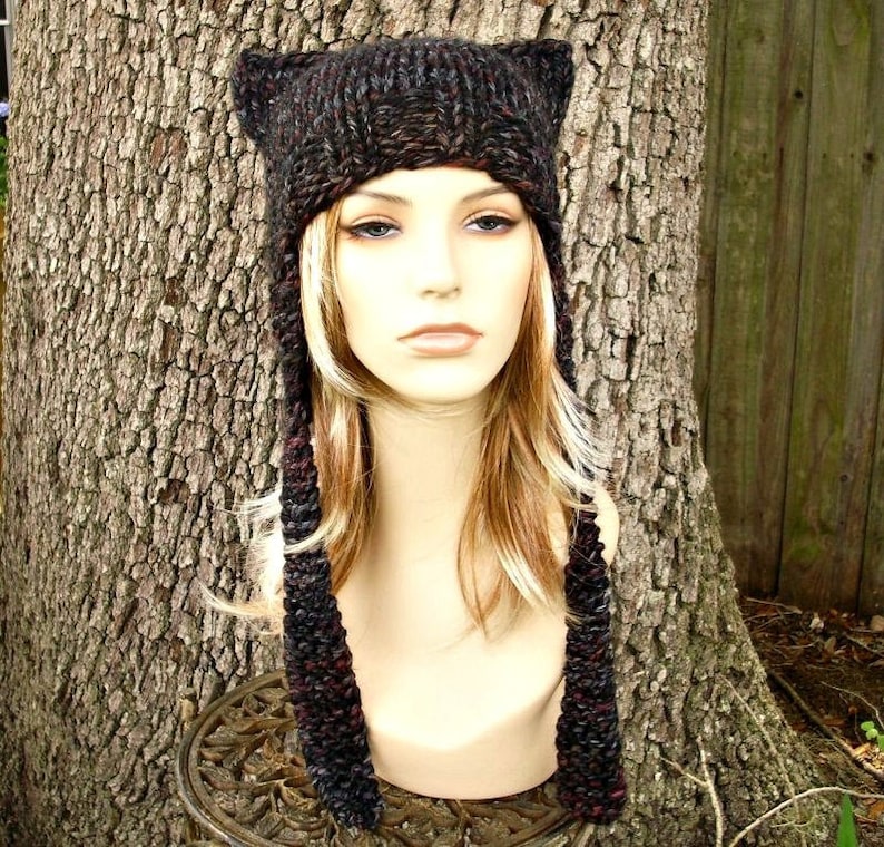 Knit Hat Womens Hat Ear Flap Hat Cat Hat in Black Grey Maroon Knit Hat Blackstone Hat Ear Hat Winter Hat imagem 1