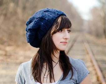 Hand Knit Beret, Chunky Knit Hat, Womens Hat, Mens Hat, Winter Hat, Knit Beanie, Knit Cap, Slouchy Beanie, Slouchy Hat, Urchin Beret, Navy
